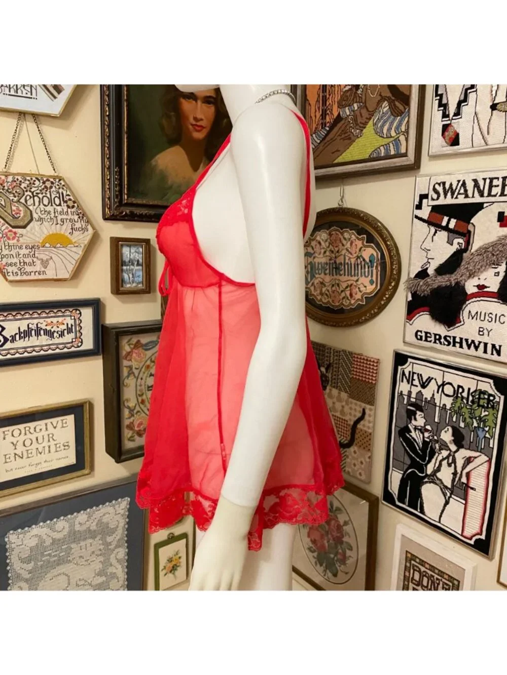 80s Vintage Red Sheer Lace Babydoll Lingerie Nightwear Size S - Picture 2 of 3